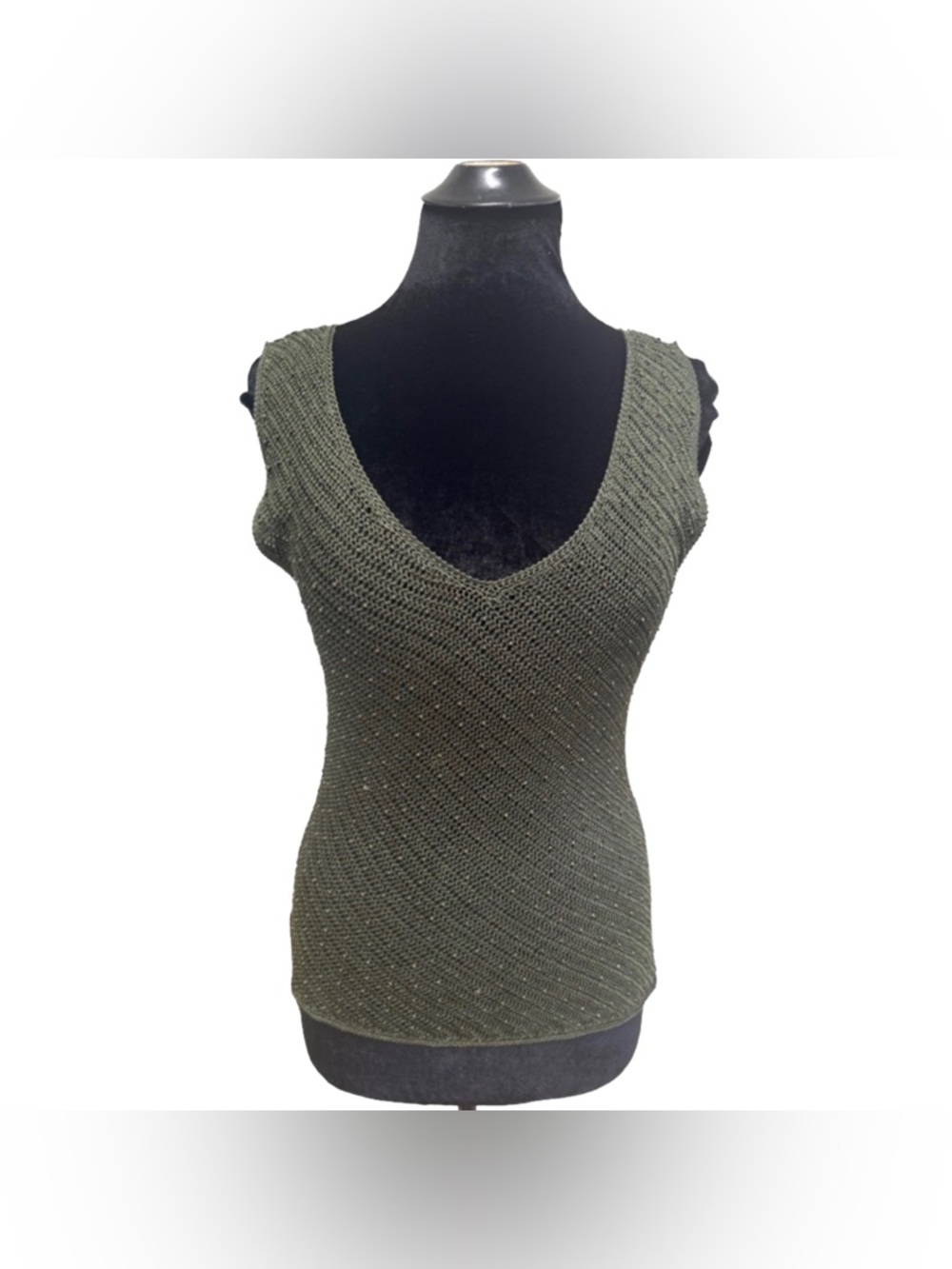 Y2K Olive Beaded Crochet Knit Sleeveless Top